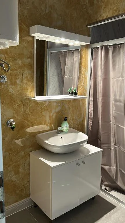 Private bathroom with shower, washbasin and mirror